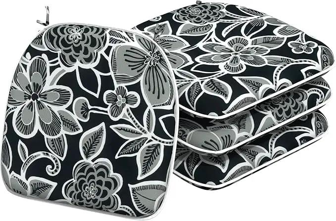 Indoor/Outdoor Chair Cushions 16x17 Inch, Patio Chair Cushions with Ties, All Weather Seat Cushions for Patio Furniture Home Garden Chair Use, Set of 4,Flower Black by GreenHaven Gardens