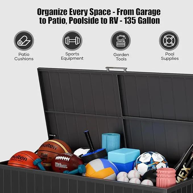 Outdoor Storage Box with Wheels 135 Gallon, Mobile Waterproof Aluminum Deck Box, UV Resistant Patio Storage Box with Lid for Patio Furniture, Garden Tools (Black) by GreenHaven Gardens