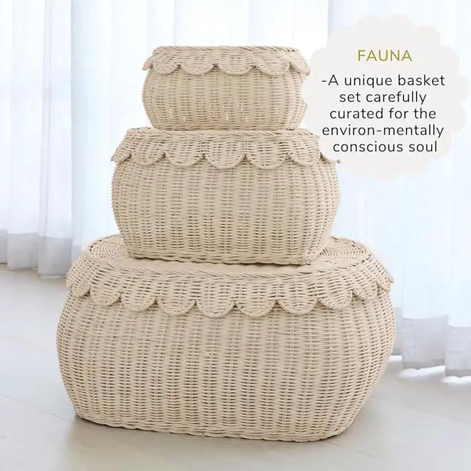 BEBE BASK Large Scalloped Basket Set Of 3 - Hand-Woven & Award-Winning Scallop Basket - XL - Extra Large for Blankets 22 x 16 x 10 In - Elegant Wicker With Scalloped Edge Lid (Natural) by GreenHaven Gardens