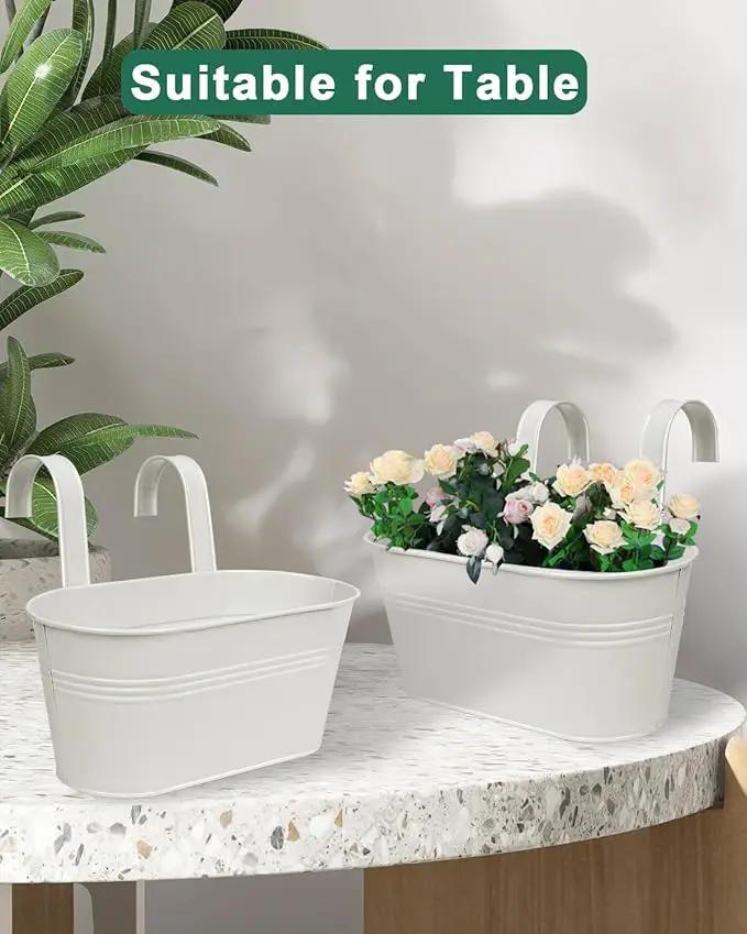 vensovo Metal Railing Planter for Outdoor Plants - 3 Pack Balcony Hanging Flower Pots with Detachable Hooks and Drain Holes Oval Bucket Rail Box Fence Planters for Home Garden Decor, White by GreenHaven Gardens