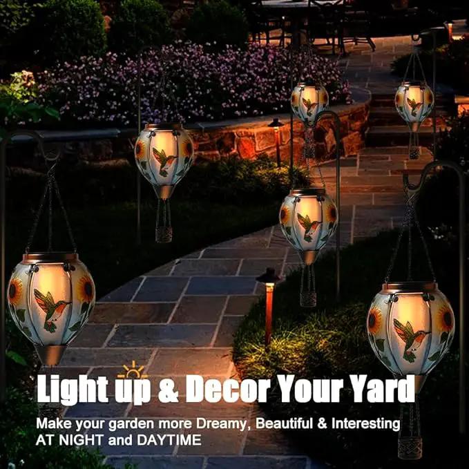 Hot Air Balloon Solar Lantern - Simulated Flickering Flame Hummingbird Glass Lantern, Outdoor Hanging Sunflower Yard Light Waterproof IP65 & Weather Resistant for Garden Patio Lawn Porch Decor Gfit by GreenHaven Gardens