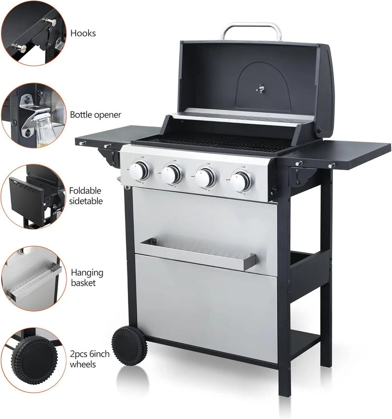 4-Burner Propane Gas BBQ Grill, 34,200 BTU Output, Wire Enamel Cooking Grates, Foldable Side Table and Hanging Basket, Stainless Steel Grill for Outdoor Cooking by GreenHaven Gardens