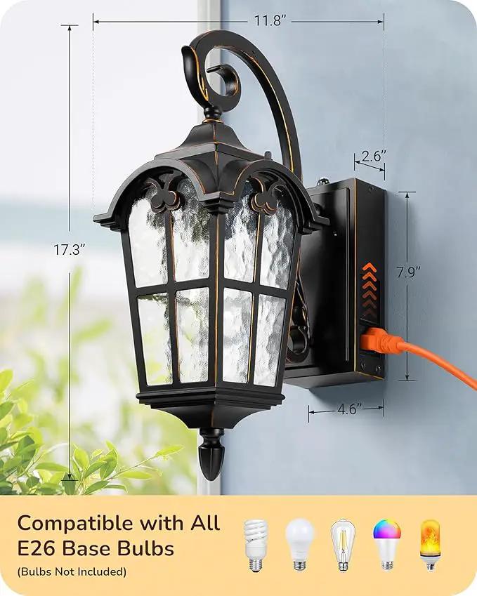 EDISHINE 2 Pack Dusk to Dawn Outdoor Wall Lights, Porch Lights with GFCI Outlet, Retro Black Outdoor Wall Lantern, Waterproof Outside Exterior Light Fixture for Front Door, Patio, Garage, E26 Socket by GreenHaven Gardens