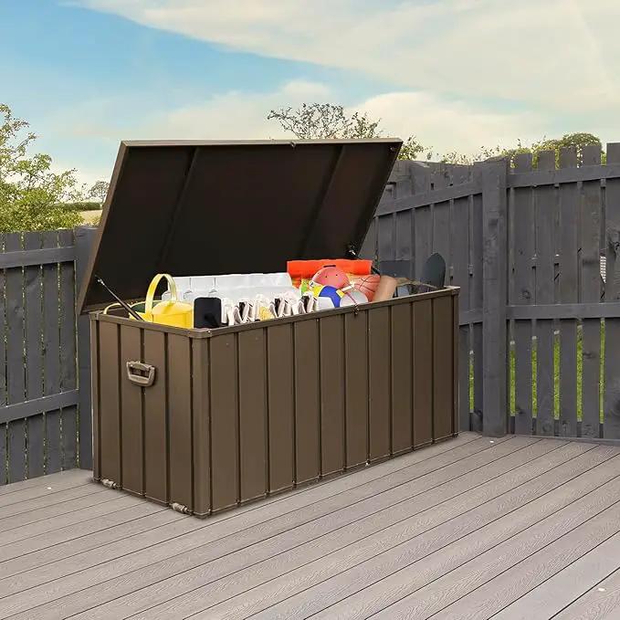 Domi Outdoor Storage Deck Box 120 Gallon, Waterproof Lockable Steel Outdoor Storage Container for Outside Cushions, Garden Tools and Pools Equipment, (Brown) by GreenHaven Gardens