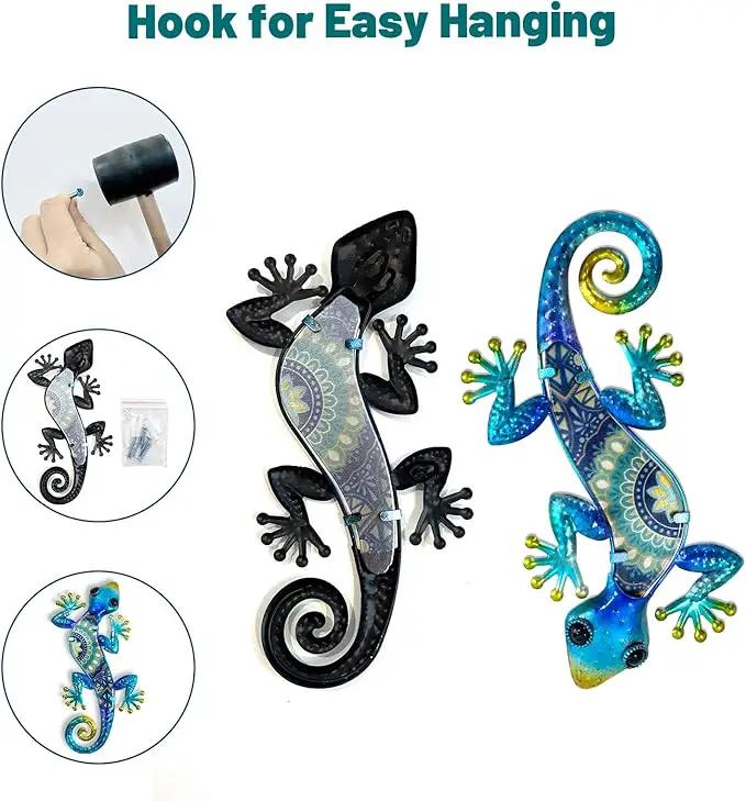 HONGLAND Metal Gecko Wall Art 2Pcs Outdoor Wall Decor Lizard Metal Hanging Wall Decoration Glass Sculpture for Garden Yard Patio Fence Home (Blue) by GreenHaven Gardens