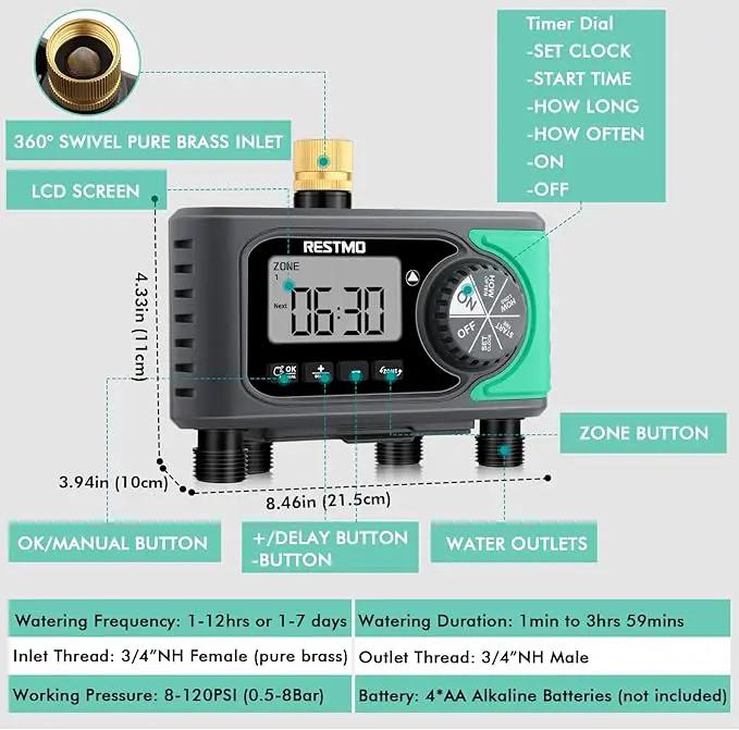 RESTMO 4-Outlet Sprinkler Timer with Brass Inlet, 4 Zone Programmable Water Timer for Garden Hose, Automatic Digital Control | Manual ON/Off | Rain Delay, for Outdoor Faucet, Drip Irrigation and Lawn by GreenHaven Gardens