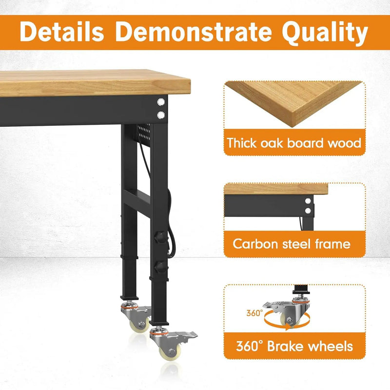 70" Heavy Duty Solid Wood Work Bench with Pegboard, Adjustable Height Workbench with Wheels and Power Outlets, 2000 LBS Capacity Work Table for Garage, Workshop, Office, Home by GreenHaven Gardens