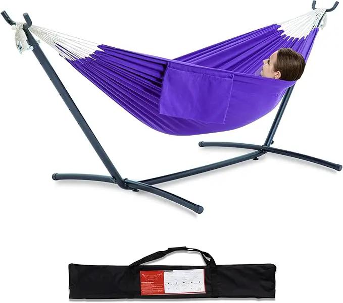PNAEUT Double Hammocks with Stand for Outside, Portable Space Saving Heavy-Duty Steel Stand for Indoor Outdoor Patio with Carrying Bag, 450 lbs Capacity (Purple) by GreenHaven Gardens