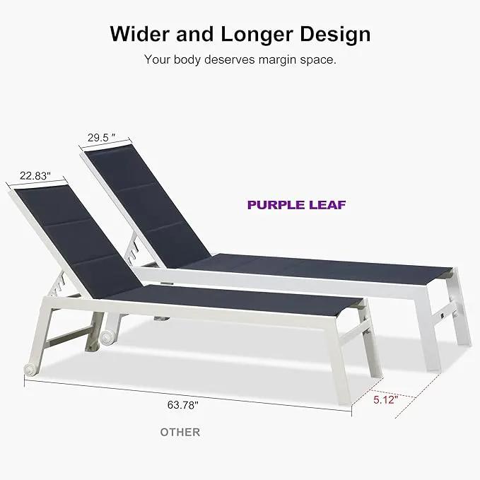 PURPLE LEAF Outdoor Chaise Lounge Set Oversize Adjustable Sunbathing Recliner Extra Wide Lounge Chairs with Side Table for Poolside Beach Outside Patio Aluminum Chaise Lounger Navy Blue 2 Sets by GreenHaven Gardens