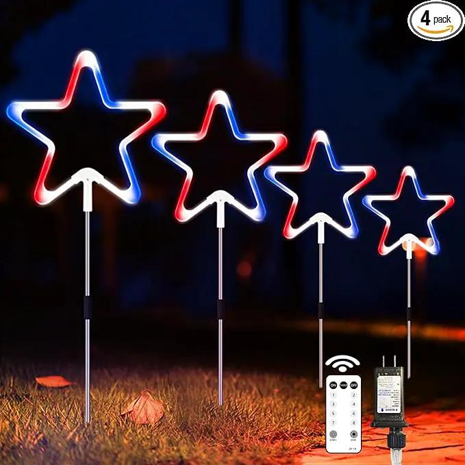 4th of July Decorations Red White and Blue Light, 4PCS Big LED Neon Star Pathway Lights Outdoor, Patriotic Garden Stake Lights with 8 Modes Waterproof for Independence Day Yard Lawn Decor by GreenHaven Gardens