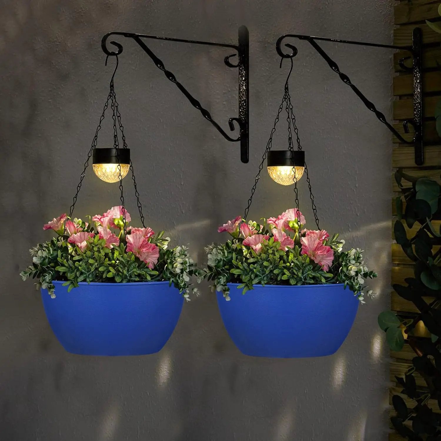 2 Packs Solar Hanging Basket Planters for Plants Outdoor, Self Watering Blue Flower Plants Pots with Solar Light Drainer for Balcony Patio Garden Outdoor Decoration by GreenHaven Gardens