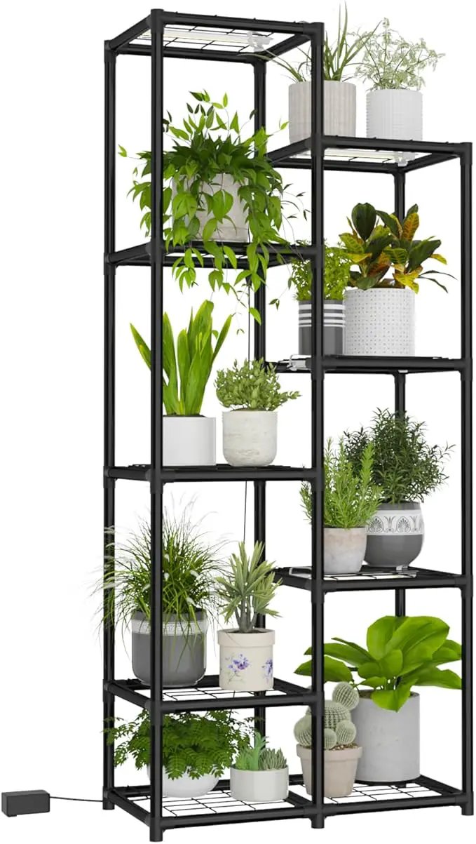 Plant Stand Indoor with Grow Lights Tall Plant Shelf Outdoor Plant Rack Metal Plant Holder Waterproof Black for Multiple Plants Table Flower Pot for Living Room Patio Balcony Garden by GreenHaven Gardens