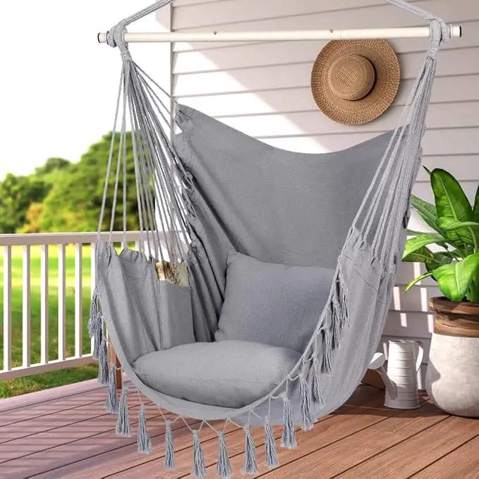 Y- STOP Hammock Chair Hanging Rope Swing, Max 500 Lbs, 2 Cushions Included, Large Macrame Hanging Chair with Pocket for Superior Comfort, with Hardware Kit (Light Grey) by GreenHaven Gardens