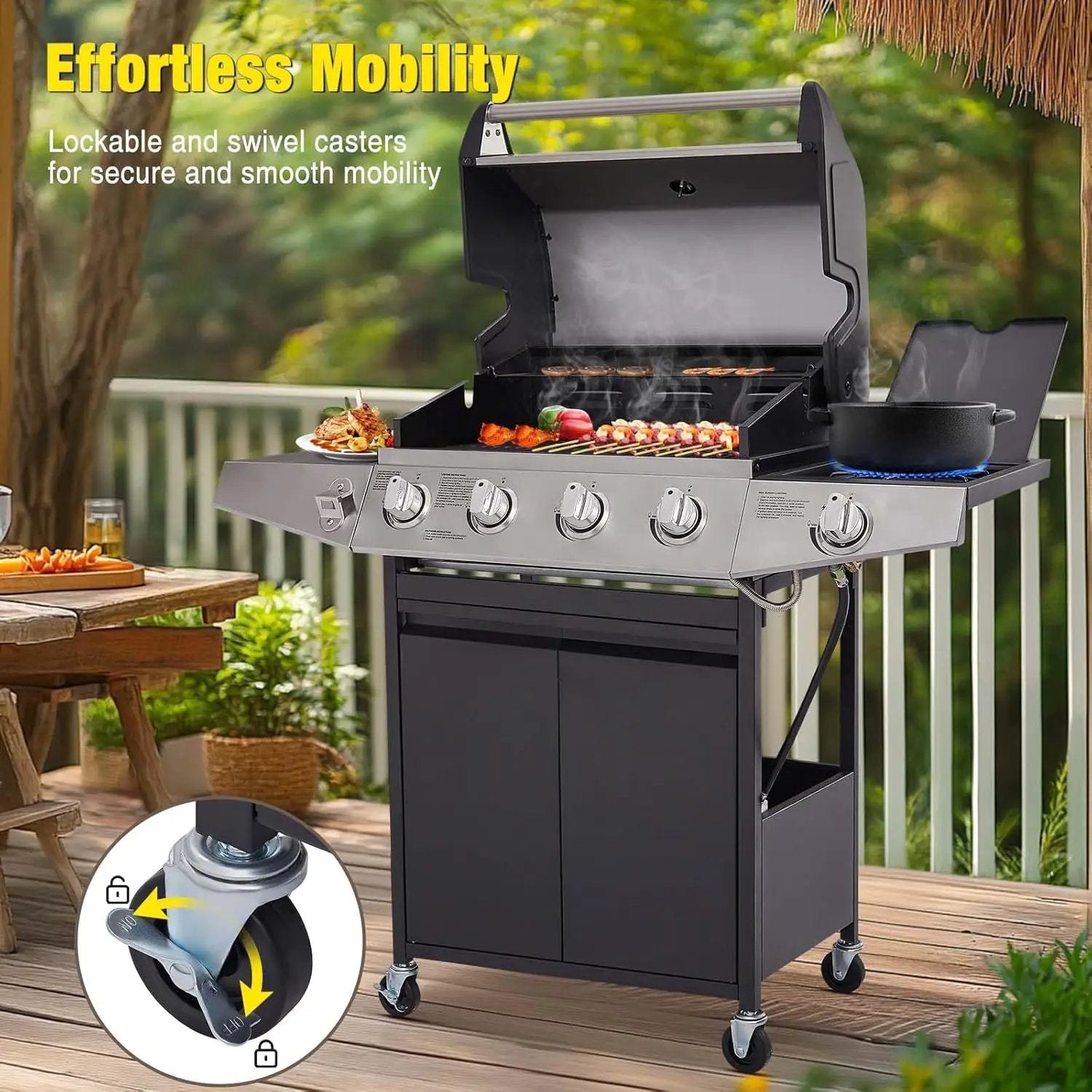 Unovivy 4-Burner Propane Gas Grill with Side Burner, Portable BBQ Grills with Oil Tray and Built-in Thermometer for Outdoor Barbecue, Camping, Patio, Backyard, 49,000 BTU by GreenHaven Gardens
