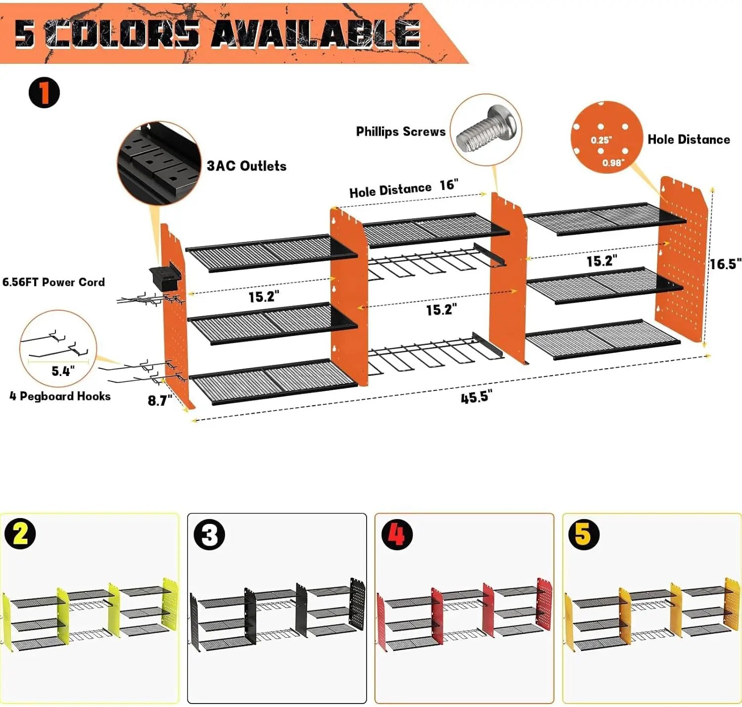 Power Tool Organizer with Charging Station Wall Mount, 3 Layer Expanded Heavy Duty Garage Organization, 45.5 Inch Length Garage Tool Storage, 8 Drills, 2 Assemble Method, Orange by GreenHaven Gardens