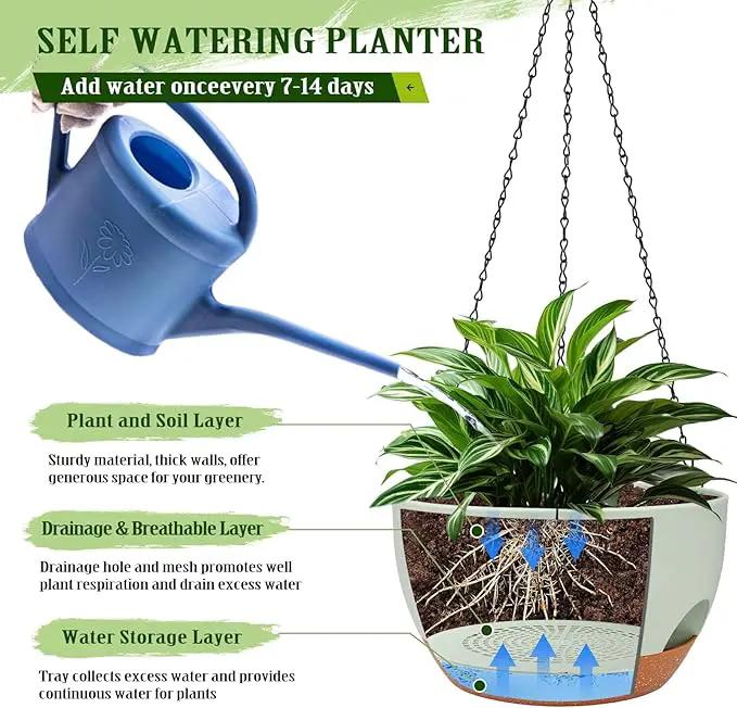 Hanging Planters for Outdoor Indoor Plants, 2 Pack 12 Inch Hanging Basket Plants Outdoor, Self Watering Hanging Planter with Plant Hanger for Garden Home Decoration (Green) by GreenHaven Gardens