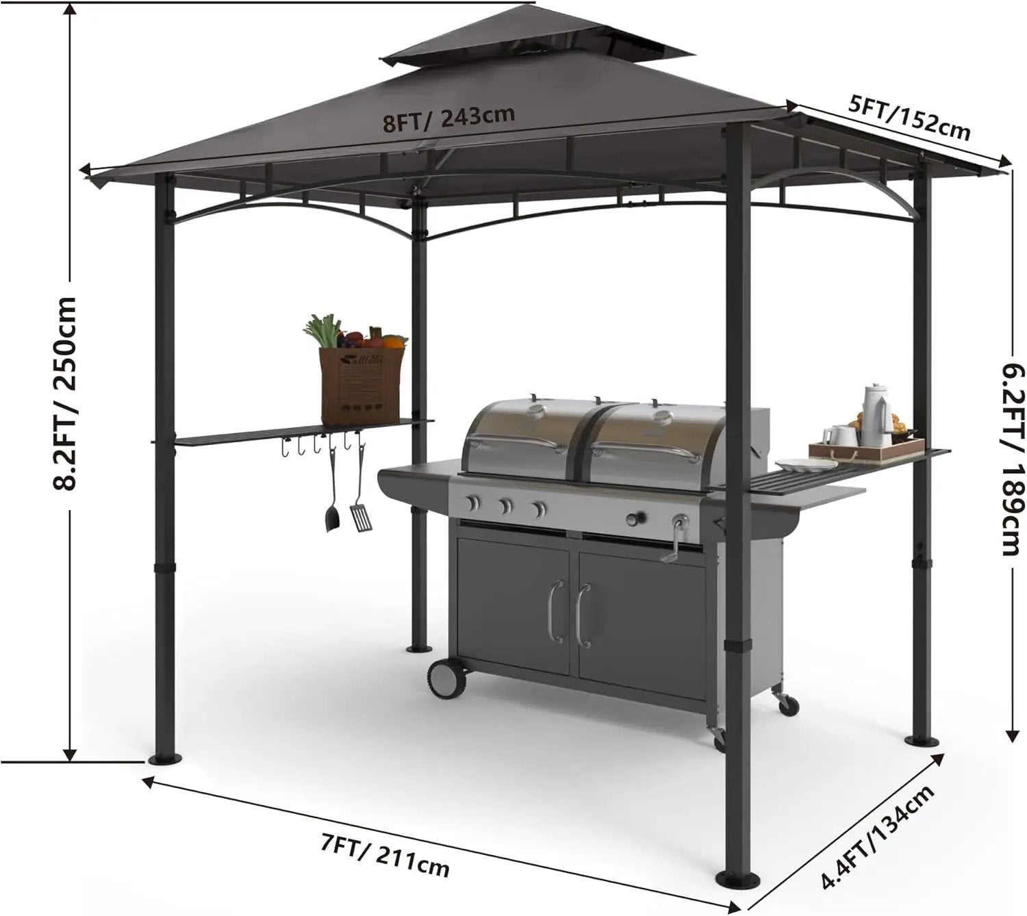 COOSHADE 8'x 5' Grill Gazebo Double Tiered Outdoor BBQ Gazebo Canopy with LED Light (Gray) by GreenHaven Gardens