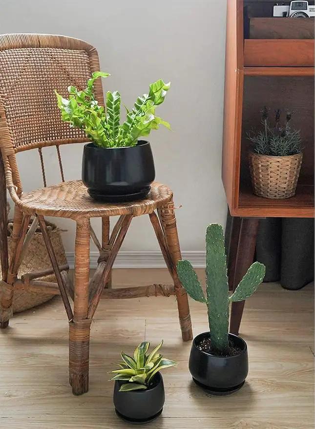 LE TAUCI Plant Pots, 4.1+5.1+6.5 inch, Set of 3, Ceramic Planters with Drainage Hole and Saucer, Indoor Flower Pot with Hole Mesh Pad, Gifts for Mom, Black by GreenHaven Gardens