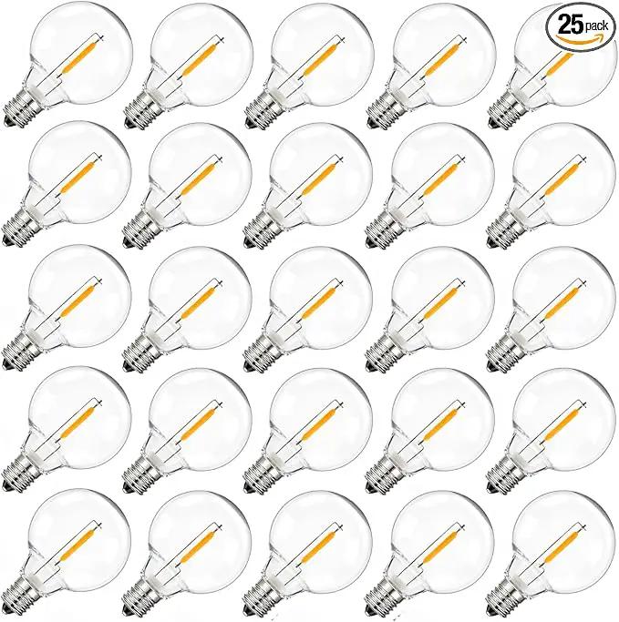 Brightown G40 Solar Replacement Bulbs, E12/C7 Candelabra Screw Base, 3V, 0.15W, 1.5 Inch Shatterproof Globe LED Bulbs Only for Solar Outdoor String Lights, 2700K, Dimmable, Warm White, 25 Pack by GreenHaven Gardens