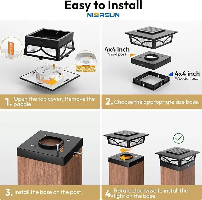 NIORSUN Solar Post Cap Lights Outdoor, 2 Modes LED, Deck Fence Post Solar Lights for 3.5x3.5 4x4 Caps Patio Garden Decoration, Warm White/Cool White Lighting Black 4 Pack by GreenHaven Gardens