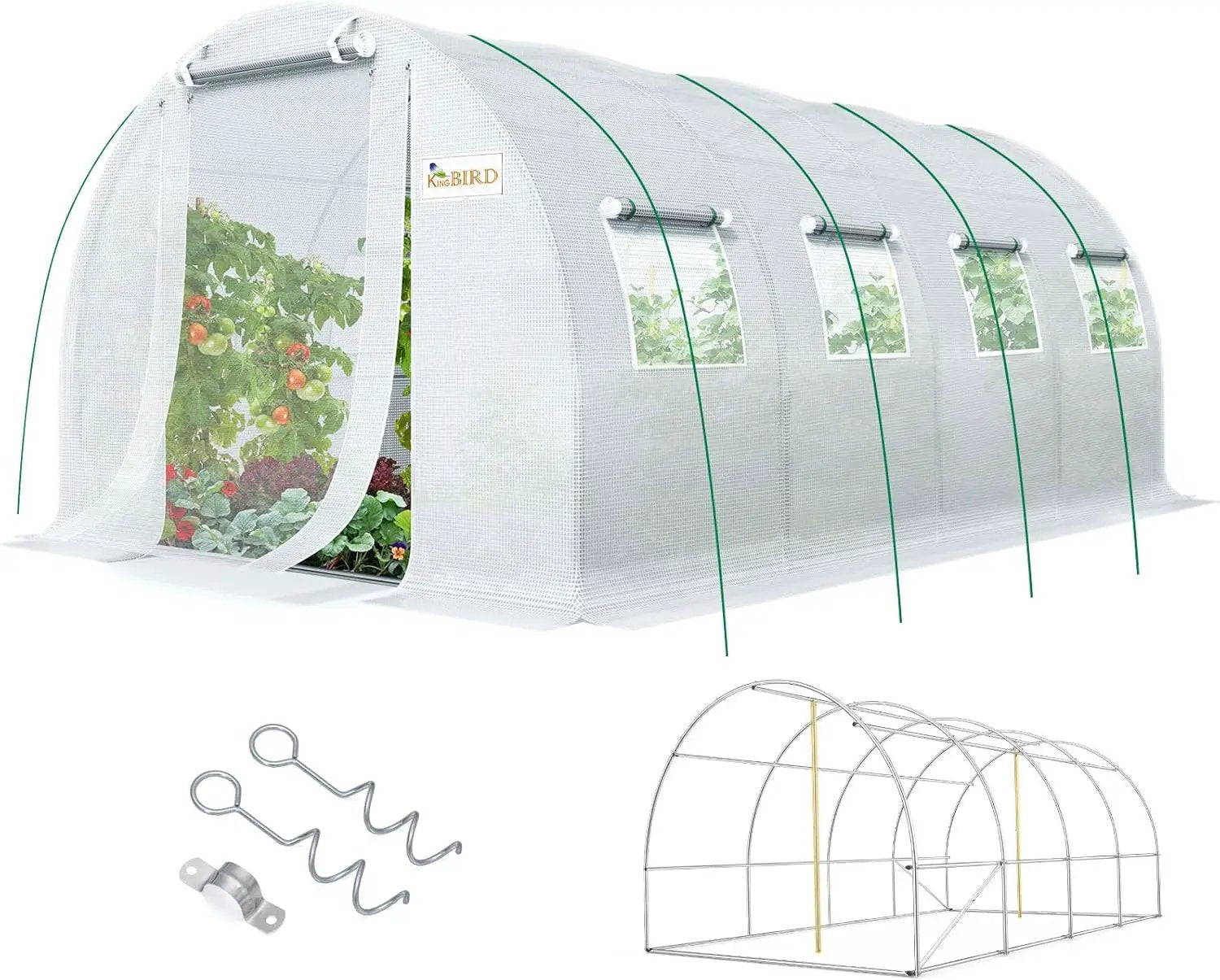 KING BIRD Premium 20x10x6.6FT Greenhouse for Outdoors, Large Walk-in Heavy Duty Galvanized Steel Frame, Mesh Door Screen Window Upgraded Zipper Tunnel Hoop for Garden Plant Winter, White by GreenHaven Gardens