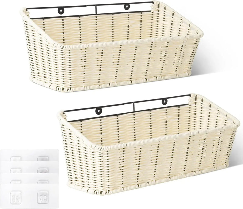 GRANNY SAYS Wicker Hanging Basket, 2 Pack Storage Baskets for Organizing, Adhesive Wall Mount Fruit Basket, Kitchen Organization Hanging Shelves, Storage Cabinet Door Organizer, Off White by GreenHaven Gardens
