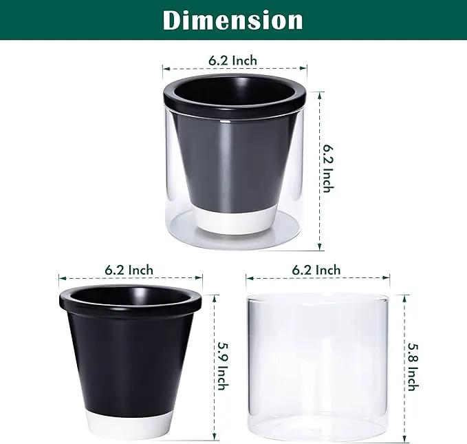 D'vine Dev 6 Inch Design Self Watering Planter for Indoor Plants, Black Terracotta Pot with Cylinder Glass Cup, Set of 2, 37-Y-B-3 by GreenHaven Gardens