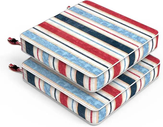 LVTXIII Patio Chair Cushions 22"x22"x3", Water-Repellent Outdoor Seat Cushions for Patio Furniture, Square Chair Pads with Ties for Home Garden Decoration, Set of 2, Stripe Red Blue by GreenHaven Gardens