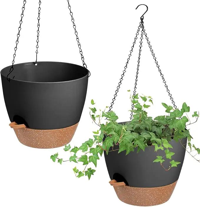 Hanging Planters for Indoor Outdoor Plants, 2 Pack Self Watering Hanging Pot with Drainage Holes & Removable Tray (Black, 10'') by GreenHaven Gardens