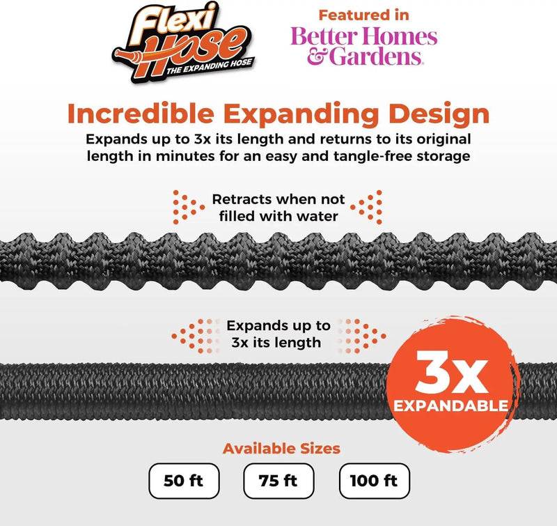 Flexi Hose Lightweight Expandable Garden Hose, No-Kink Flexibility, 3/4 Inch Solid Brass Fittings and Double Latex Core (75 FT, Black) by GreenHaven Gardens