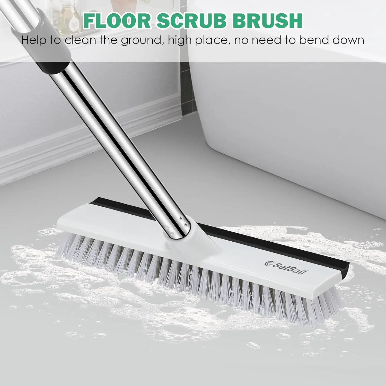 SetSail Upgraded Large 12 in Wide Floor Scrub Brush with 51-Inch Long Adjustable Handle 2 in 1 Scrape Brush Stiff Bristle Floor Scrubber for Cleaning Shower Bathroom Garage Kitchen Wall Deck Tub Tile by GreenHaven Gardens