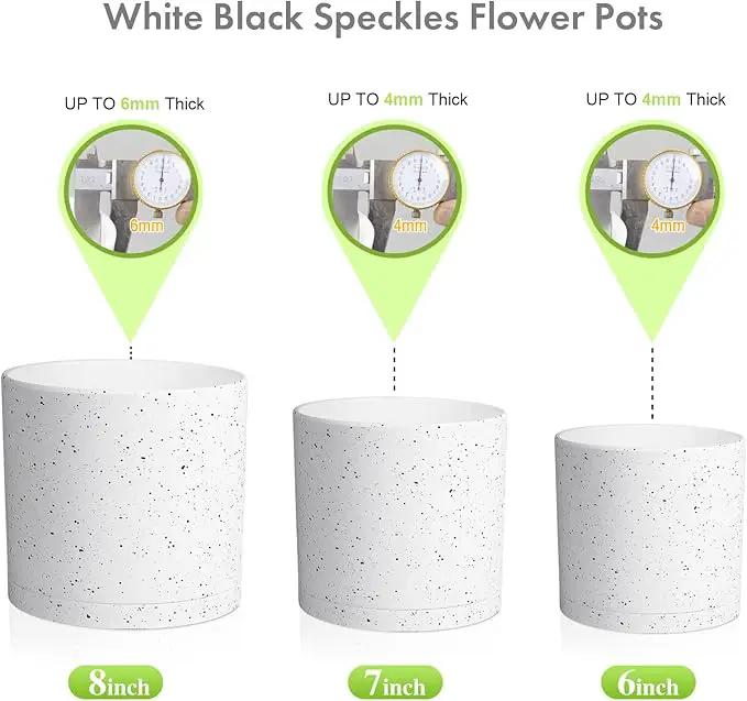 8/7/6 inch Flower Pots, 3 Set Cylindrical Plant Pots for Outdoor Indoor Plants, Decorative Plastic Planters with Drainage Holes and Saucers for Garden House Plants, White with Black Speckles by GreenHaven Gardens
