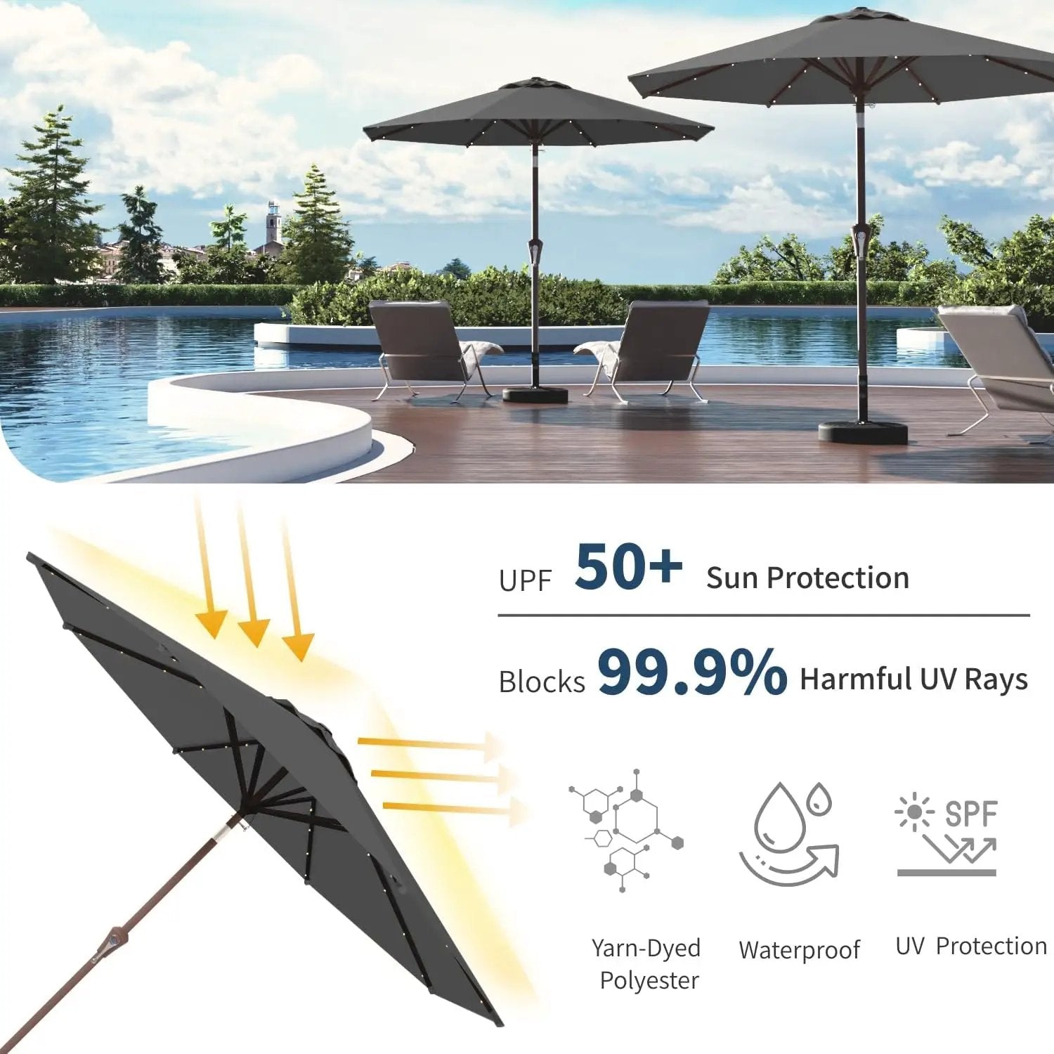 9FT Solar Umbrella 32 LED Lighted Patio Umbrella Table Market Umbrella w/Tilt and Crank, UV-Resistant Outdoor Umbrella for Pool, Garden, Deck, Gray by GreenHaven Gardens