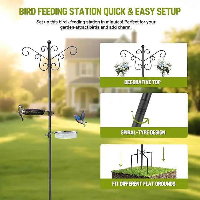 MIXXIDEA Bird Feeding Station Bird Feeder Pole with 5-Prong Base Hanging Hooks Water Bath Mesh Tray Wind-Resistant Water Bowl with Metal Snap Fastening for Outdoors to Attract Wild Birds by GreenHaven Gardens