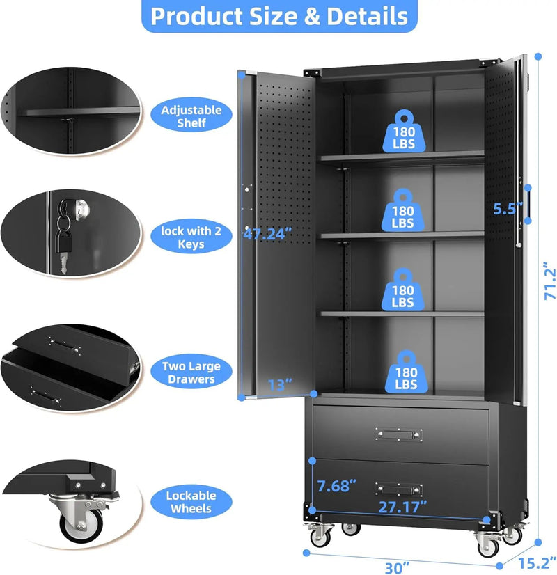 Upgraded Metal Garage Storage Cabinet with Wheels and 2 Drawers, Rolling Tool Cabinet with 3 Shelves and Pegboard Behind The Door for Home Office Garage,Assembly Required,Black by GreenHaven Gardens