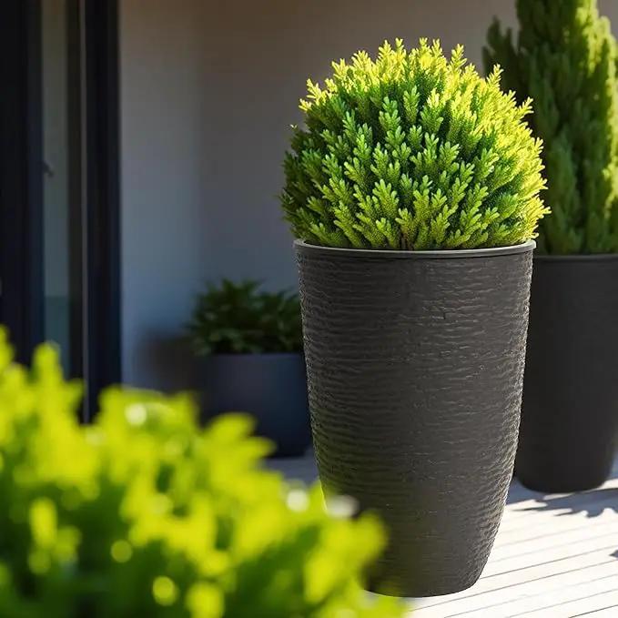 WORTH Garden 2-Pack 21" H. Black Tall Planters with Inside Pots - 14'' Dia Plastic Large Round Plant Tree Pots - Decorative Imitation Stone Finish for Indoor Outdoor Front Porch Container Patio by GreenHaven Gardens