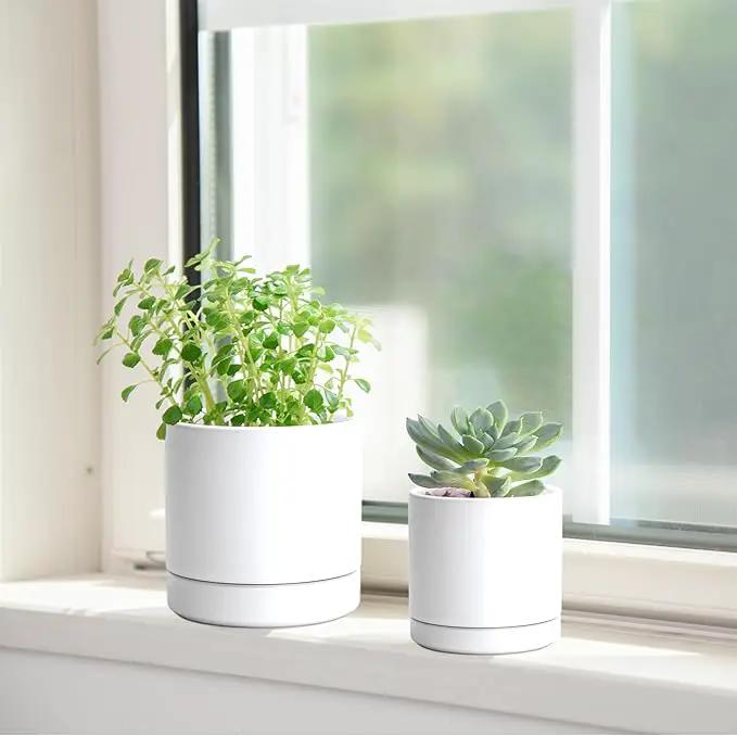 D'vine Dev 3.5 Inch & 4.7 Inch Ceramic Planter Pots for Plants with Drainage Hole and Saucer, X-Small Plant Pots Set, White, 94-G-XS-1 by GreenHaven Gardens
