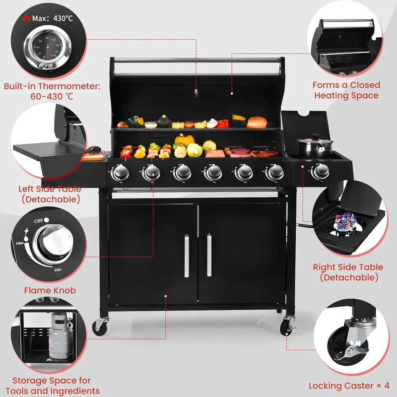 Q032-6-Burner w/Side Burner Gas Grill with 403 SQ.IN. Outdoor Grill with 60,000 BTU,Propane Grills with Top Cover Lid,Grills Outdoor Cooking for Patios,Balcony,Camping,Garden by GreenHaven Gardens