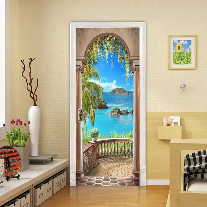 3D Door Stickers Murals - Landscape - Peel & Stick - Removable PVC Waterproof Door Poster - 37.4" x 84.6" - White - Tropical Ocean Theme by GreenHaven Gardens