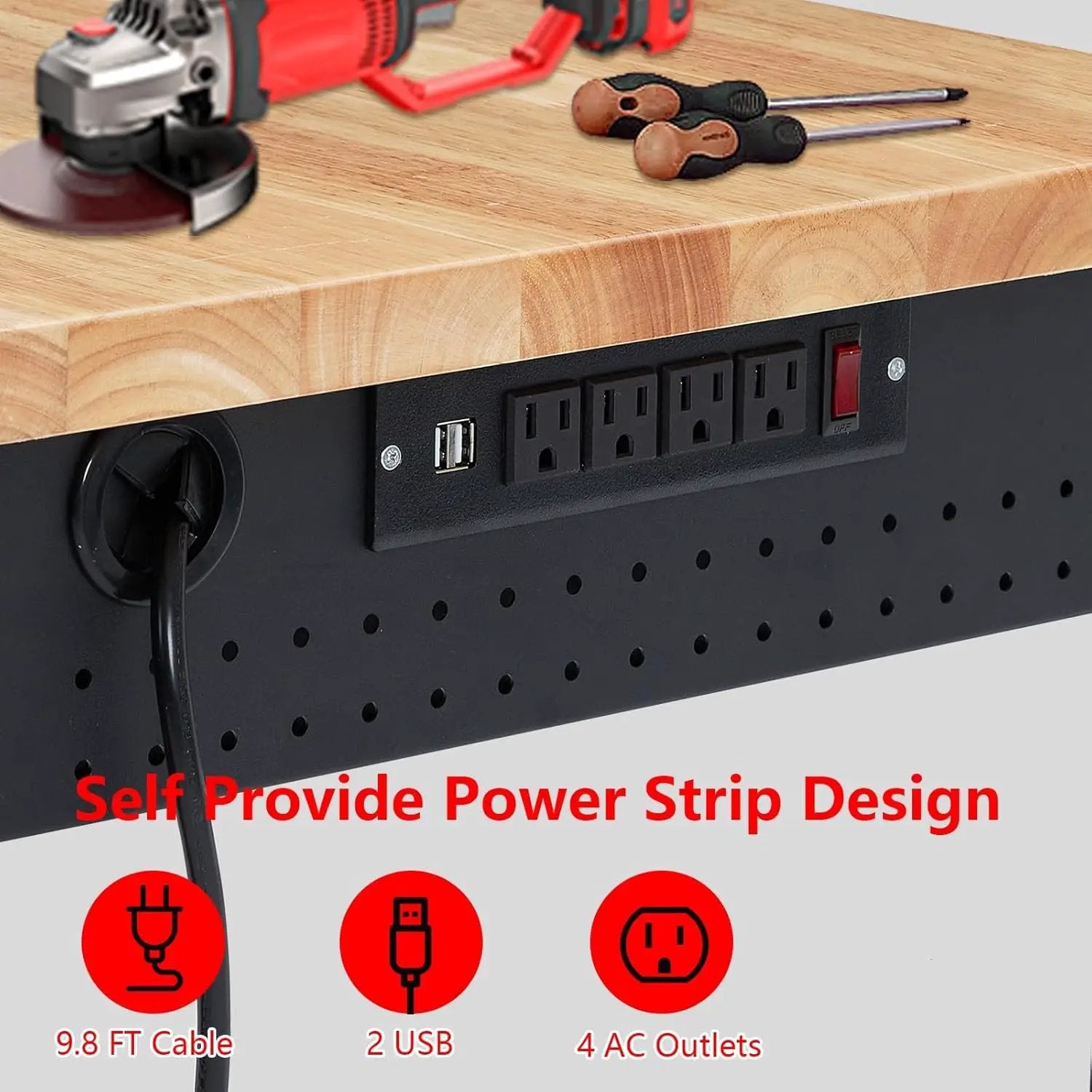 60'' Adjustable Workbench, Heavy Duty Workbench with Power Outlet and Lockable Wheels, 2000 LBS Capacity, Work Table Suitable for Office, Garage, Workshop by GreenHaven Gardens