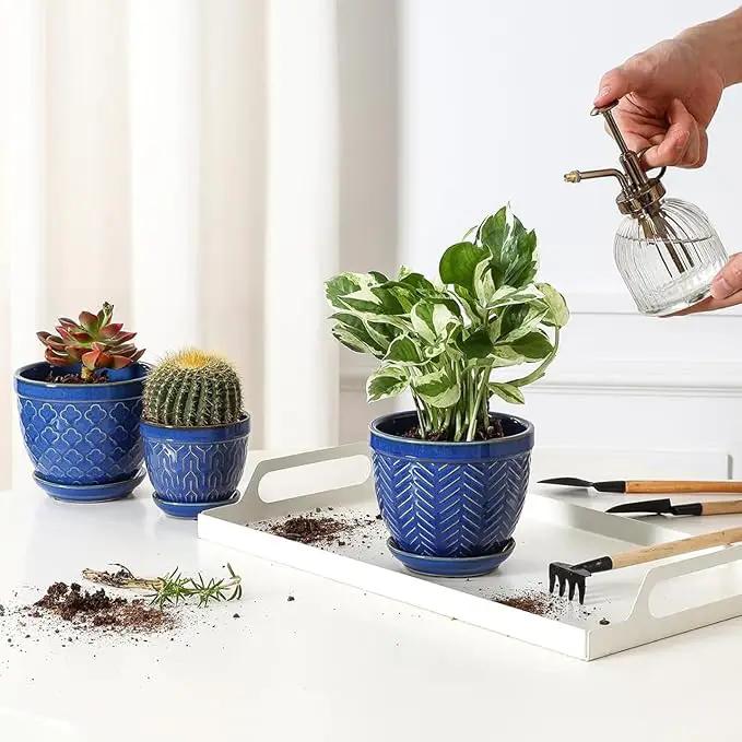 Sureasy Ceramic Plant Pots, 4.7 Inch Flower Pots for Indoor Plants, Succulent Pots with Saucer and Drainage Hole, Decorative Planter for Succulent, Cactus, Set of 4, Blue by GreenHaven Gardens