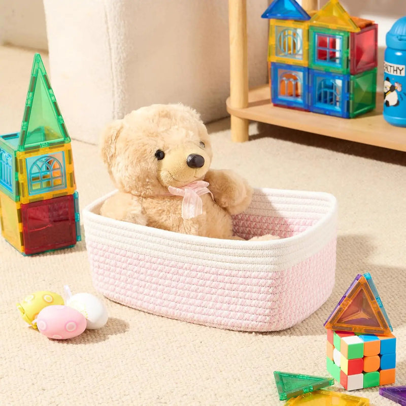 Small Storage Baskets for Organizing | Closet Organizer Bins | Shelf Toy Basket | Woven Rope Baskets | Cube Decorative Box | Shallow Basket | 11.5x7.5x4.7” | 4 Packs White Pink by GreenHaven Gardens