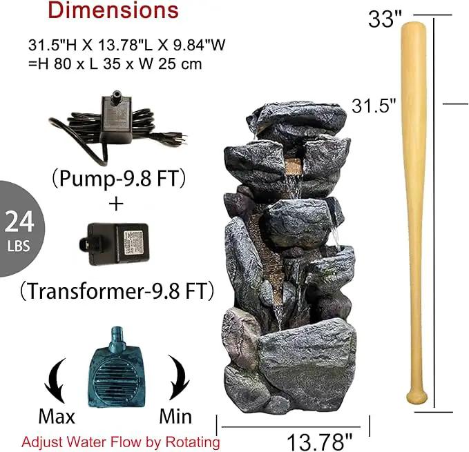 Water Features Outdoor Patio 6-Tier Cascading Rock Water Fountain 31.5''Water Fall Fountain Outside Resin Fountain with Light Mossy Rock Floor Garden Fountain Indoor for Relaxation Home Decor by GreenHaven Gardens