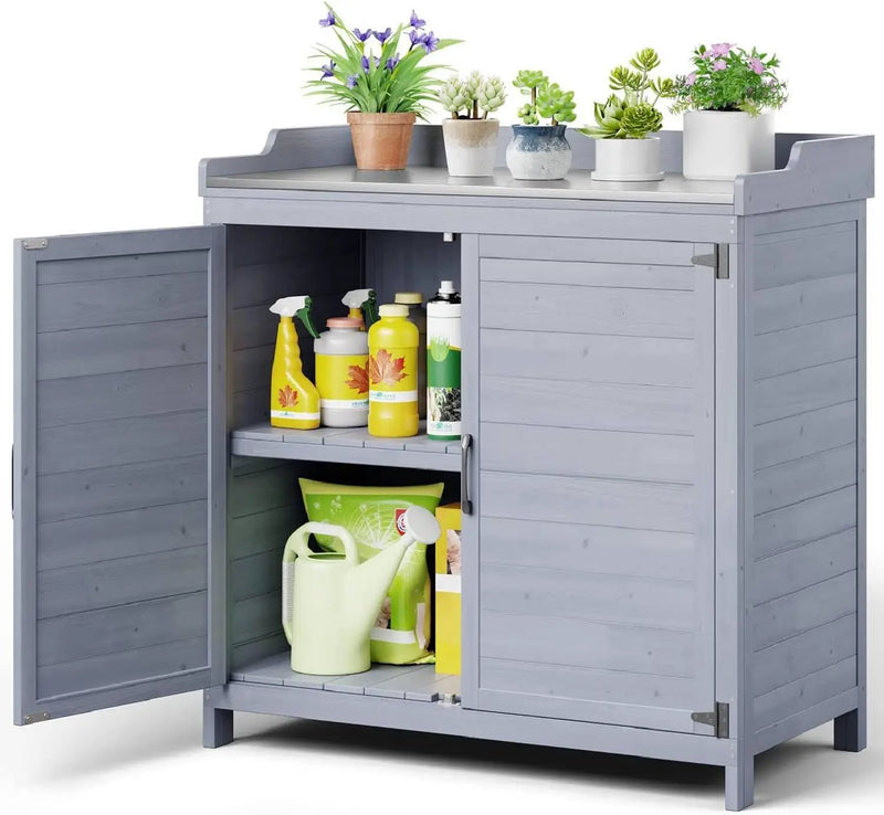 Gizoon Outdoor Potting Bench with Metal Tabletop, Outdoor Garden Patio Wooden Storage Cabinet with Adjustable Shelf, Double Doors Garden Work Bench for Backyard, Patio, Lawn - Grey by GreenHaven Gardens