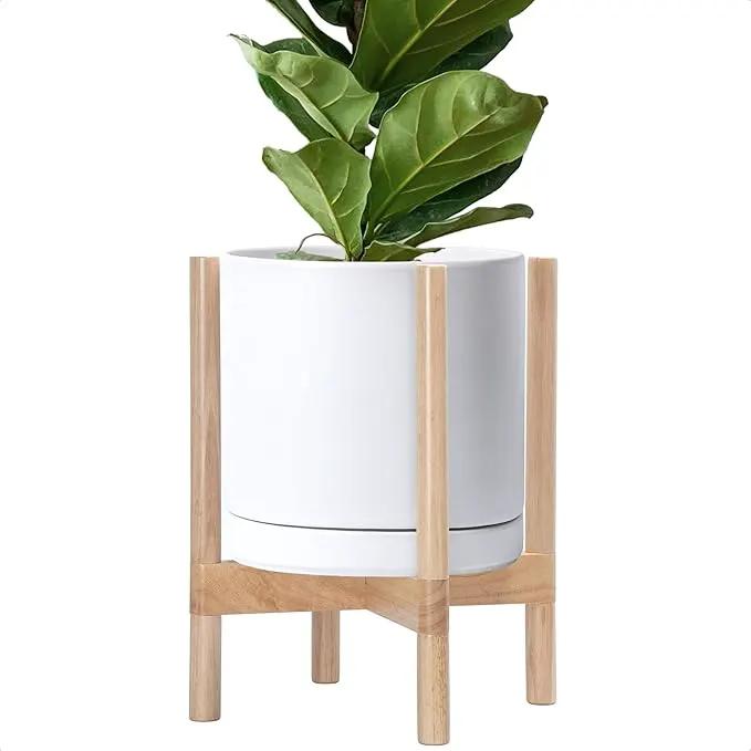 D'vine Dev Ceramic Planter with Natural Stand - 12 Inch Modern Round Flower Pot with Wood Planter Holder, White, 55-B-J-1 by GreenHaven Gardens