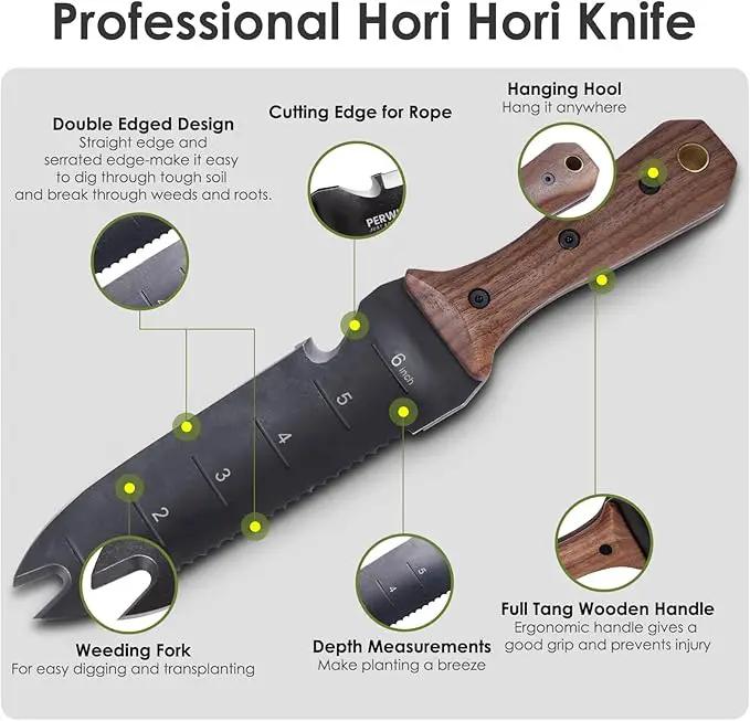Hori Hori Garden Knife, Garden Tools with Sheath for Weeding,Planting,Digging, 7" Stainless Steel Blade with Cutting Edge, Full-Tang walnut Wood Handle with Hanging Hole by GreenHaven Gardens