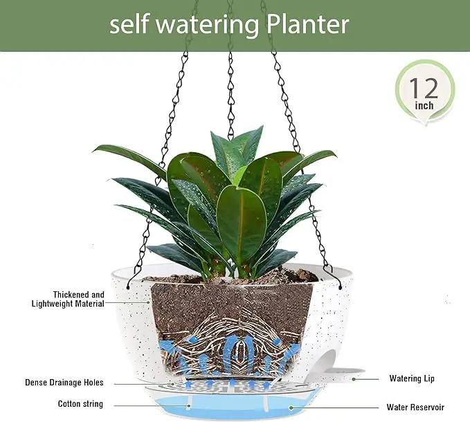 12 Inch Hanging Baskets 2 PC with Chains, Self-Watering Hanging Planters for Indoor Outdoor Plants, Plastic Hanging Flower Pots,Speckled White by GreenHaven Gardens