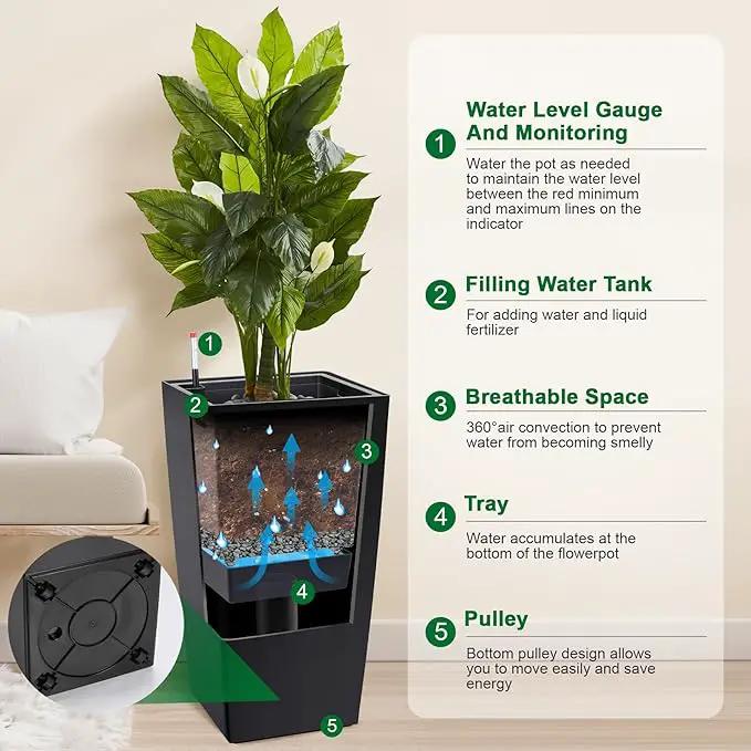 30" Tall Planters Set of 2, Outdoor＆Indoor Black Planter Pots, High Front Porch Planter Pots with Drainage Holes＆Water Level Monitor Movable Wheels ＆Inner Bucket, Automatic Watering,Black by GreenHaven Gardens