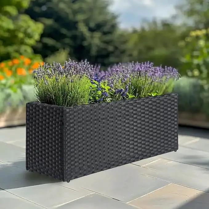 LEWIS&WAYNE Large Rectangular Block Planter Box Handmade Wicker Tall Planters for Outdoor Plants with Removable Liners Modern Planter for Indoor Outdoor Patio Deck - Black, 36''x12''x16'' by GreenHaven Gardens