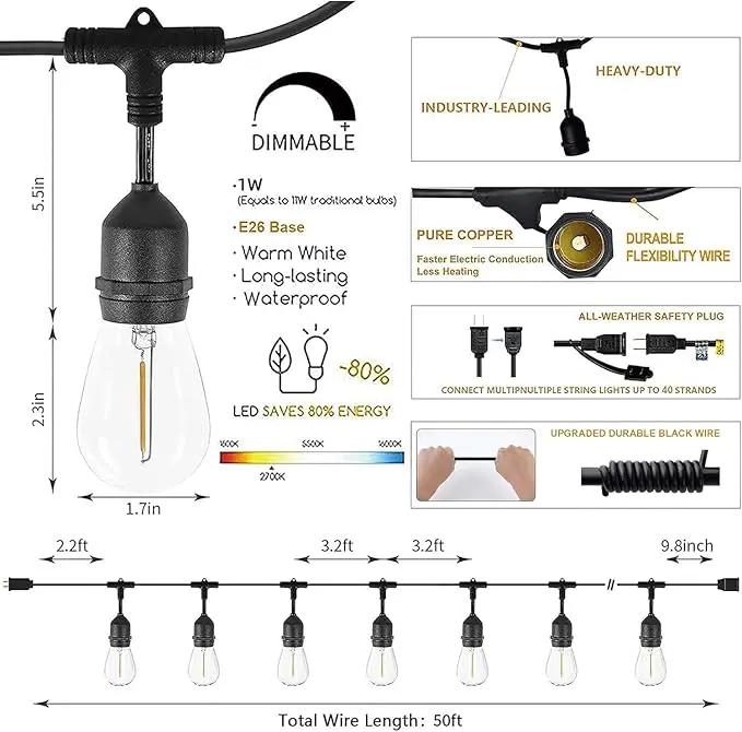 Svater Outdoor String Lights 150FT, E26 Socket, 48pcs S14 Shatterpoof Bulbs, 1 Watt Dimmable 2700K Warm White, IP65 Waterproof Commercial Grade Patio Lights（3 Pack X 50FT） by GreenHaven Gardens